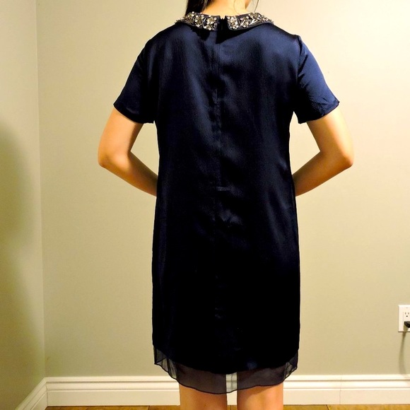 Club Monaco Silk Navy Blue Short Sleeve Mini Dress with Statement Collar - Picture 8 of 12